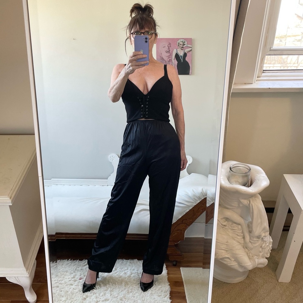 BLACK VINTAGE LOUNGE PANTS PAJAMA BOTTOMS STRETCH WAIST STRAIGHT LEG